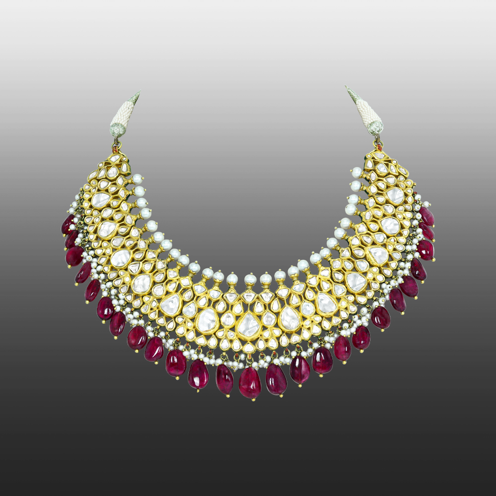 Layered Polki Necklace with Tourmaline Drops and Pearl Borders